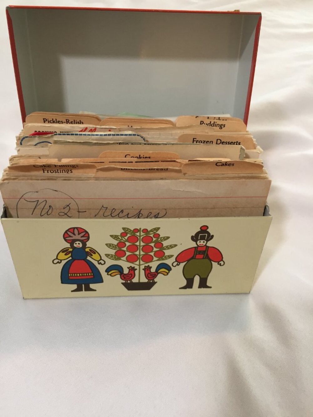 Vintage Ohio Art Dutch Metal Recipe Box100 Handwritten/Clipped Recipes 1960's/19